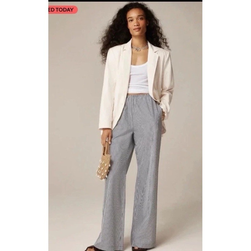 EUC J.Crew Cosmo pant in oxford stripe Navy Large Pockets Elastic Waist Poplin